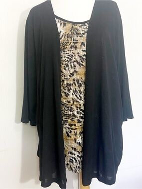 CJ Banks 2-Fer Black Open-Front Cardigan with Gold Patterned Front Panel 3X